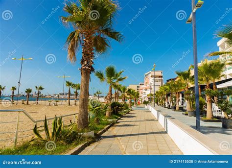 DURRES, ALBANIA: Palm Tree Promenade and Blue Sea on the Beach in Durres. Stock Photo - Image of ...