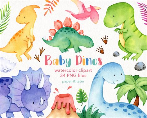 Watercolor Baby Dinosaur Clipart Graphics Dino Clip Art T - Etsy