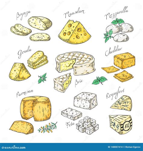 Hand Drawn Cheese. Doodle Appetizers and Food Slices, Different Cheese Types Parmesan, Brie ...