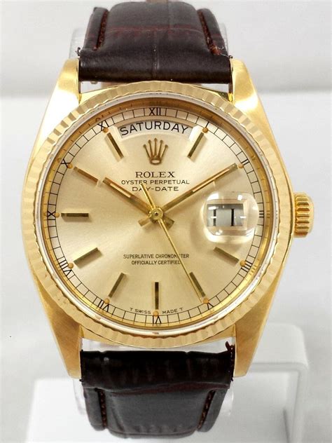 Rolex Day Date 18k Yellow Gold On Brown Leather Strap 18038