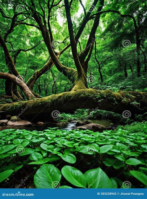 A Rainforest With A Complete Ecosystem. Greenery In The Forest A Large ...