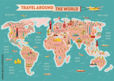 World travel map poster. Travel and tourism background. Vector illustration Stock Vector | Adobe ...