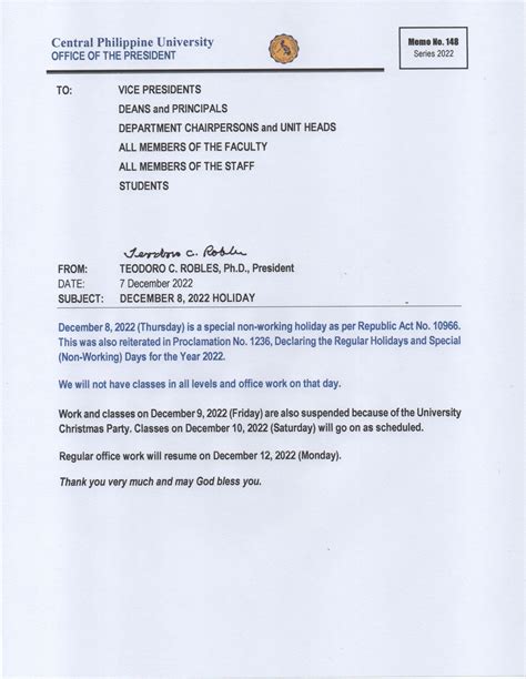 Memo No. 148 Series 2022 December 8, 2022 Holiday - Central Philippine ...