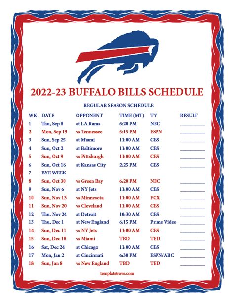 Printable 2022-2023 Buffalo Bills Schedule