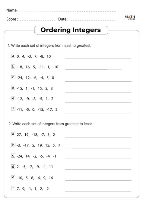 Ordering Integers Worksheet - Math Monks