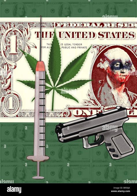 Collage of dollar bill, syringe, gun and cannabis Stock Photo - Alamy