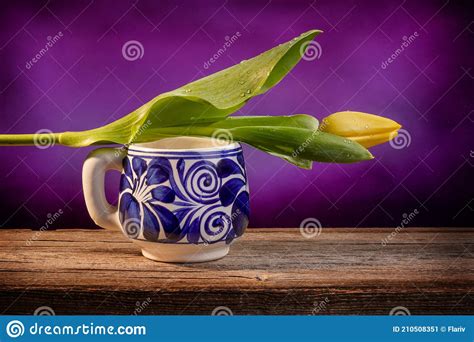 Still Life of a Closed Yellow Tulip Placed on a Blue and White Mexican ...