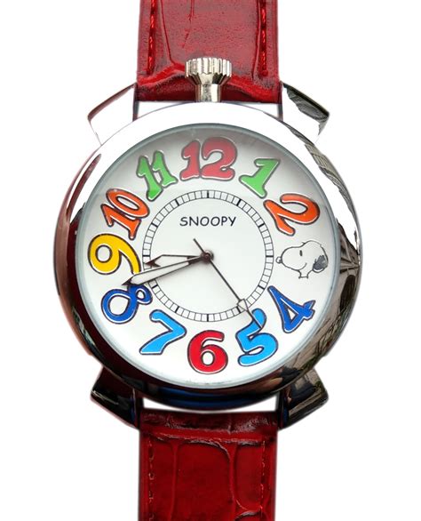 Snoopy Red Faux Leather Band Watch w/Colorful Dial Face Numbers (35mm) - Walmart.com