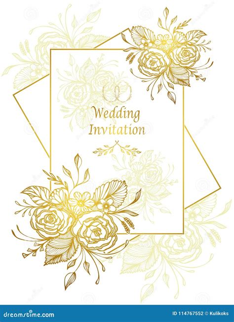 Elegant Wedding Invitation Card with Flowers Bouquet Gold on White ...