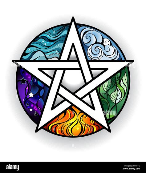 artistically painted magical pentagram with elements of water, earth, air, fire, astral, on a ...