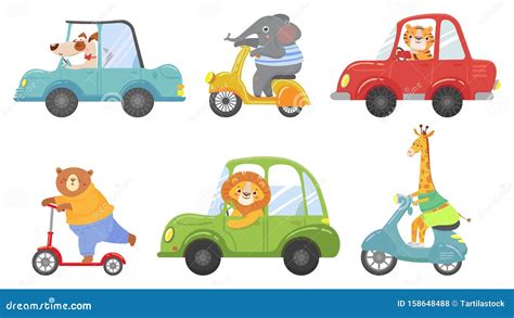 Cute Animals on Transport. Animal on Scooter, Driving Car and Zoo Travel Cartoon Vector ...