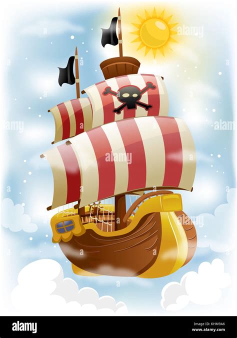 Colorful Illustration of a Pirate Ship with Red and White Striped Sails ...