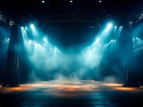 Premium AI Image | Large smokey concert stage background with wooden floor curtains and ...