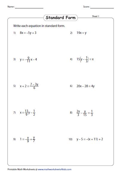 Linear Equation of a Line Worksheets