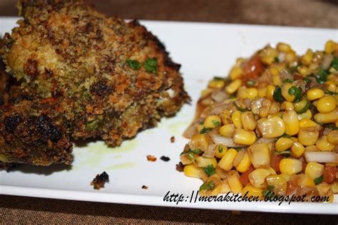 merakitchen: Oven fried herbed chicken with corn salsa/chaat