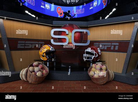 A detail view of the ESPN SportsCenter desk prior to the Peach Bowl ...