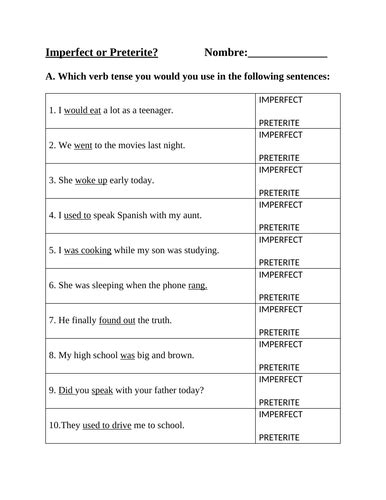 Imperfect or Preterite Spanish Worksheets: ¿Imperfecto o préterito ...