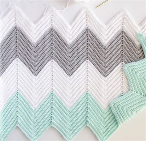 Crochet Chevron Blanket in Mint, Dove and White - Daisy Farm Crafts