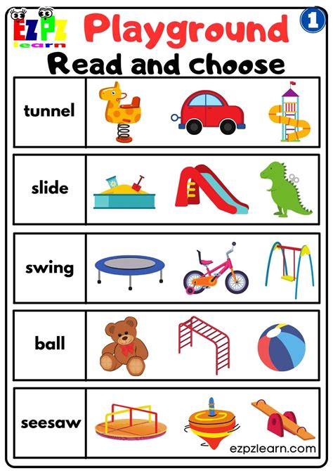 Playground 1 Read and Choose Worksheet for Kindergarten and ESL Students Free PDF Download ...