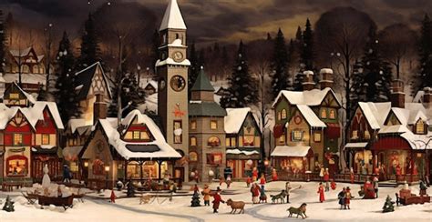 Premium Photo | Snowy village scene with a clock tower and a christmas ...