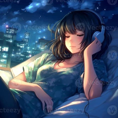 anime girl listening to music while laying in bed with headphones ...