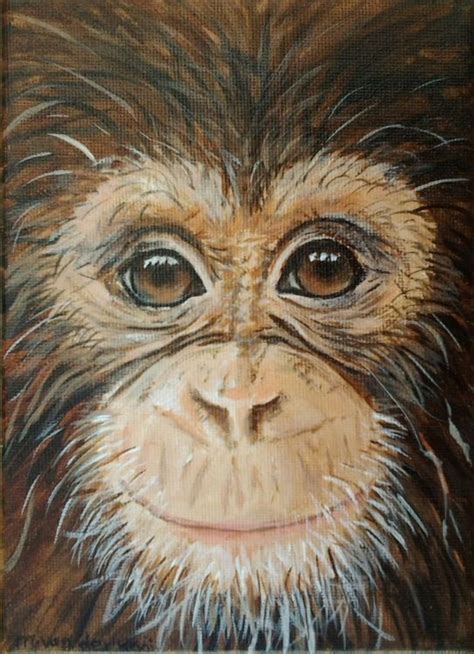 Chimpanzee Art, Monkey Primate, Original acrylic floating in a white frame (2015) Acrylic ...