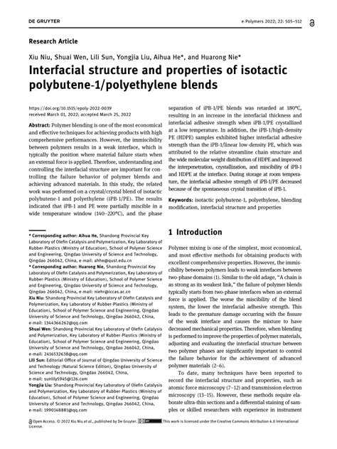 (PDF) Interfacial structure and properties of isotactic polybutene-1/polyethylene blends