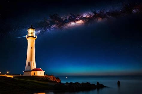 Premium Photo | A lighthouse stands on a cliff overlooking the ocean at night.