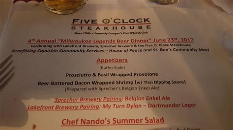 Menu at Five O'Clock Steakhouse, Milwaukee