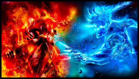 Sci Fi Fantasy Dark Fire Flame Battle Good vs. Evil Ice Wallpaper ...