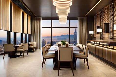 Premium AI Image | a dining room with a view of the city.