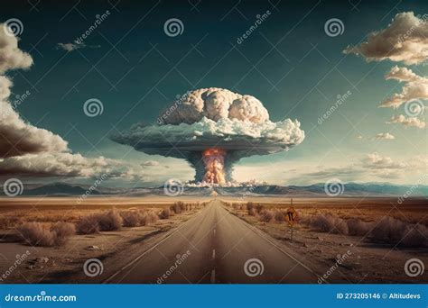 Drastic Shift in Landscape Due To Nuclear Bomb, with Mushroom Cloud Visible in the Sky Stock ...