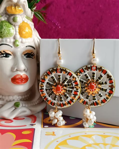 Sicilian Earrings with Ceramic Wheels and Pearl Cluster - Chapeau Atelier