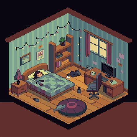 a room with a bed, desk and computer monitor in the corner is shown at night