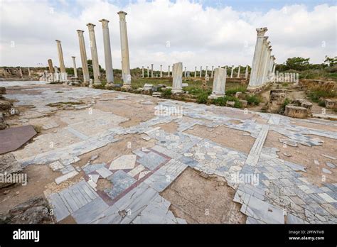 June 7, 2022, Famagusta, Cyprus: Columns of the gymnasium at Salamis with several Roman baths ...