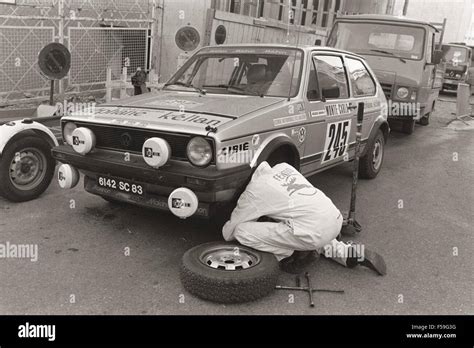 VW Volkswagen Golf mk1 On the WRC monte carlo rally being repaired on road section of the famous ...