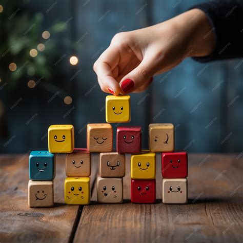 Premium AI Image | Hand voting with happy smiley face emoticon icon on Wooden Cube