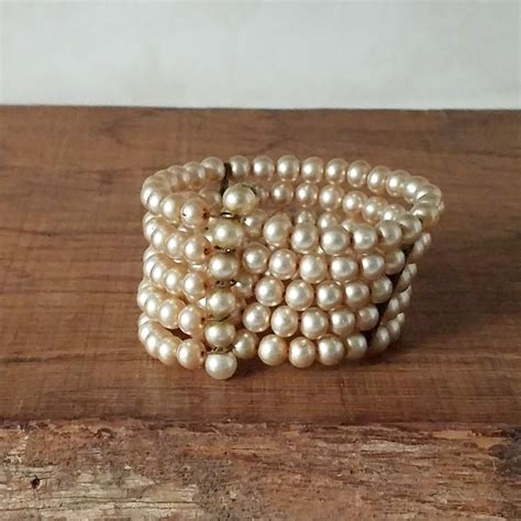 Vintage Faux Pearl Multistrand Bracelet, Vintage Expandable Champagne ...