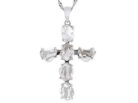 Radiance White Herkimer Quartz Cross Pendant With Chain,Rhodium Over ...