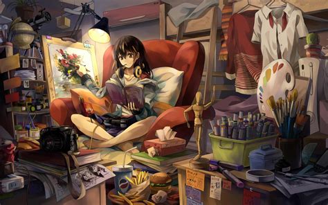 Girl reading while painting wallpaper | anime | Wallpaper Better