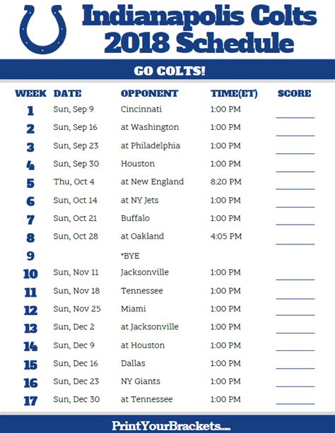 Printable 2018 Indianapolis Colts Football Schedule | Indianapolis ...