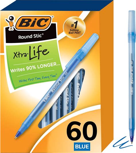 BIC Round Stic Xtra Life Ballpoint Pens, Medium Point (1.0mm), Blue, 60 ...