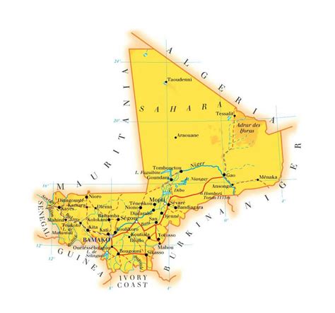 Detailed elevation map of Mali with roads, cities and airports | Mali ...