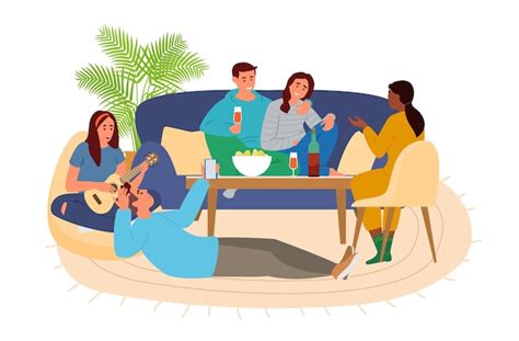 Premium Vector | Group Of Friends Hanging Out At Home Talking, Playing Music, Drinking Wine ...