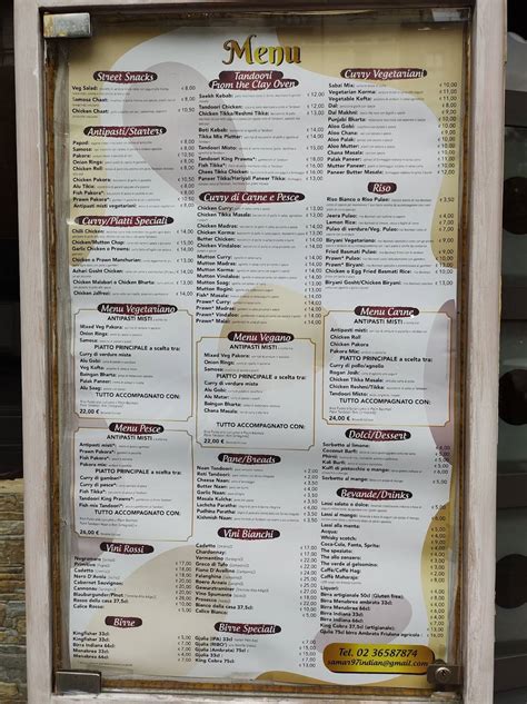 Menu at Urban Tandoor restaurant, Milan