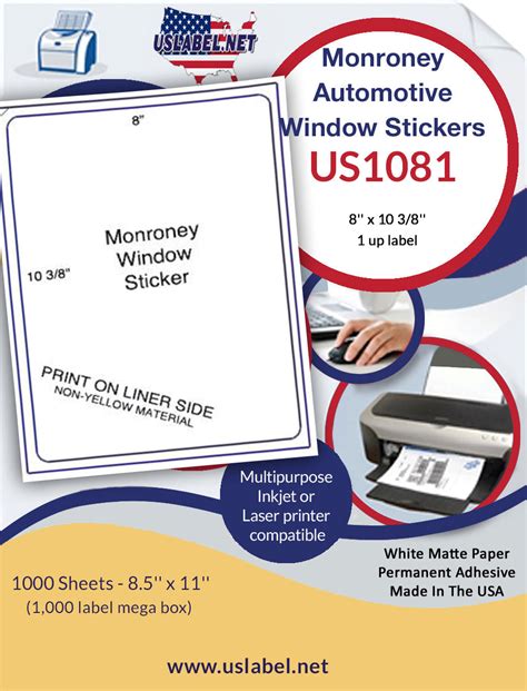 US1081 8'' x 10 3/8'' 1,000 Monroney Automotive labels