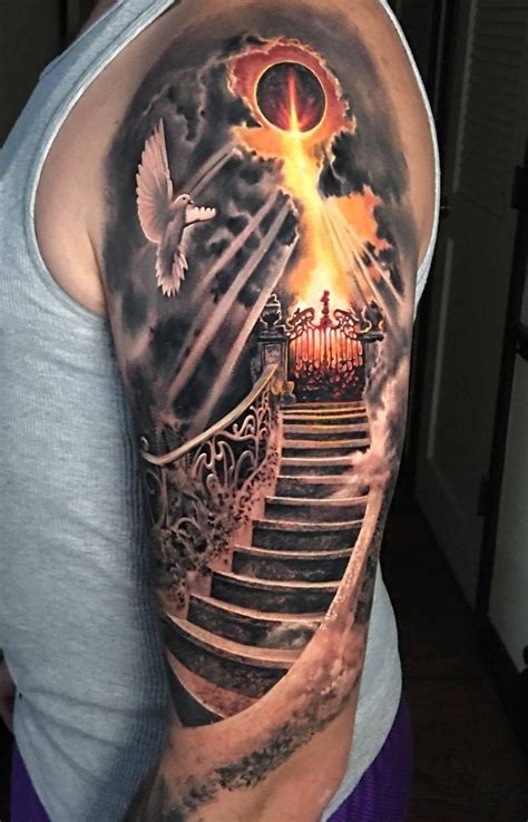 Stairway to Heaven upper arm tattoo by Rember Orellana Dark Age Tattoo Denton Texas. #tattoos # ...