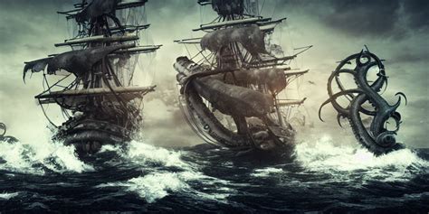 prompthunt: pirate ship being attacked by the kraken, kraken attacking pirate ship in rough seas ...