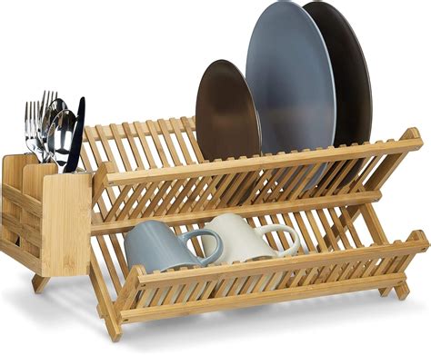 Relaxdays Cross Dish Drainer with Cutlery Basket, Total Size: 24 x 46 x 28 cm Bamboo Dish Rack ...