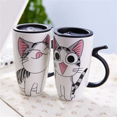 Cute Cat Ceramics Coffee Mug With Lid Large Capacity 600ml Animal Mugs ...